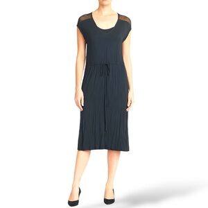 SARAH PACINI Grey Semi Sheer Knit Mesh Midi Dress Cap Sleeves Drawstring Waist M